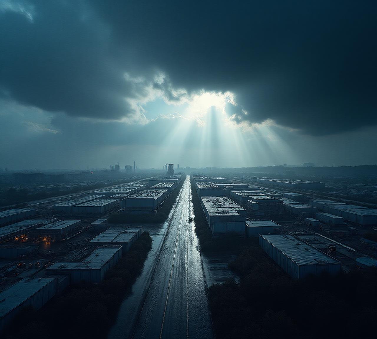 Vue aérienne d'infrastructures industrielles sous un ciel d'orage spectaculaire